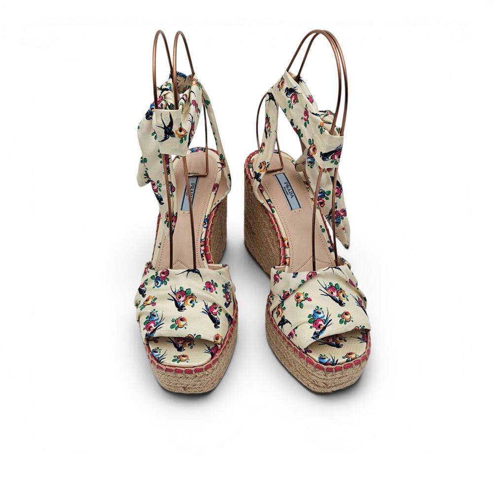 Prada Floral Platform Espadrille Wedge Sandal White Ankle Wrap Tie Size 39 9